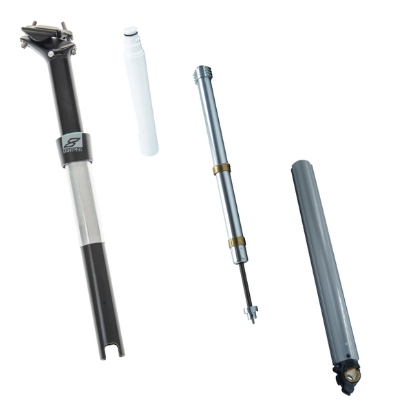 Bild zeigt die Hauptbestandteile einer zerlegten Eightpins H01 Sattelstütze.