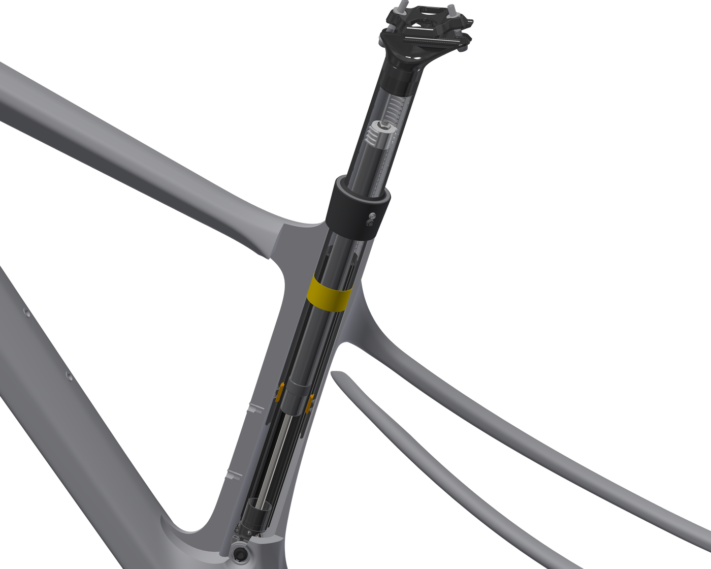 Bild zeigt einen offenen Querschnitt eines Ghost Lector Carbon Fahrrad Rahmens mit einer Eightpins H01 Sattelstütze.