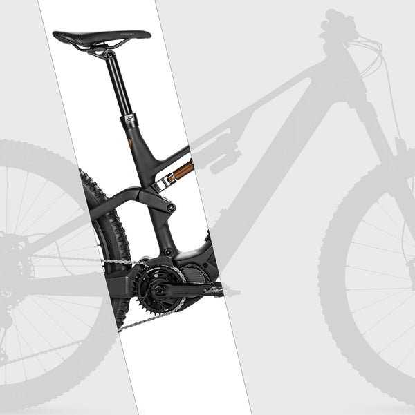 Rotwild e-Mountainbike mit Eightpins Sattelstütze in der Seitenansicht.