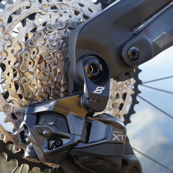 Shimano Di2 Derailleur on a Rotwild R.EX900 e-mountain bike Eightpins Stiffshifter UDH rear derailleur support and DJi motor in front of beautiful mountain scenery.