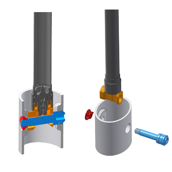 Bild zeigt den Querschnitt und eine Explosionszeichnung der neuen Eightpins Carbon Rahmen Postpin Achse zur Darstellung des neuen und einfacheren Integrationsstandards.
