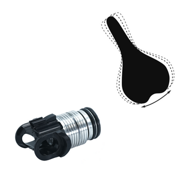 Bild zeigt die Rahmenschnittstelle der NGS2 Sattelstütze mit der Konterfunktion für die Überlastkupplung. Daneben als Symbol ein Fahrradsattel in Draufsicht mit strichlierten Linien und einem Pfeil zur Symbolisierung eines verdrehten Sattels.