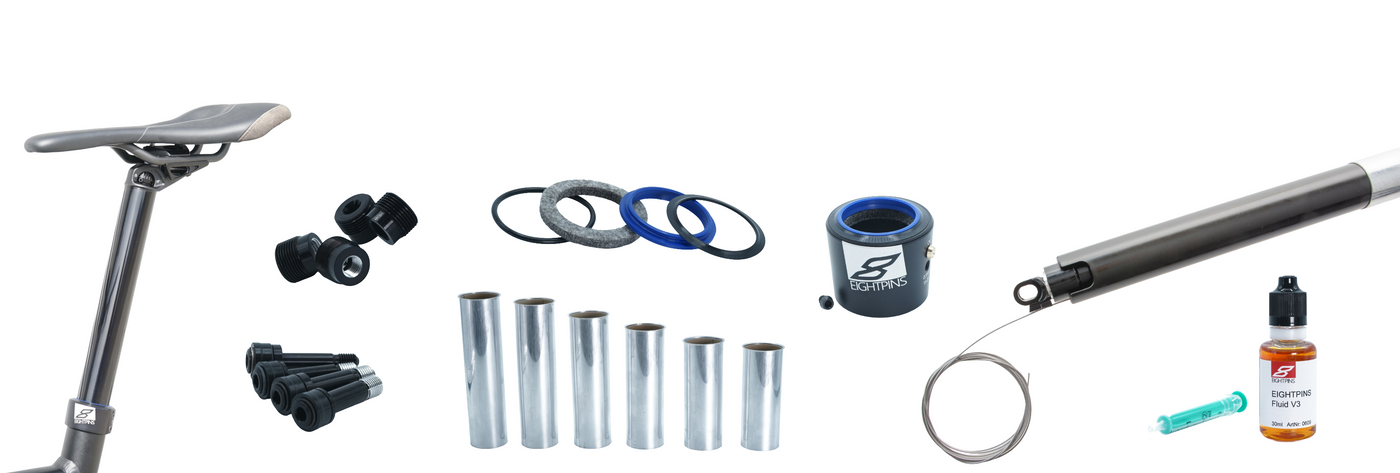 Alle Teile die im Rahmen benötigt werden um eine Eightpins Sattelstütze zu installieren. Bushing, Postpin Achsen, Außenhülse usw.