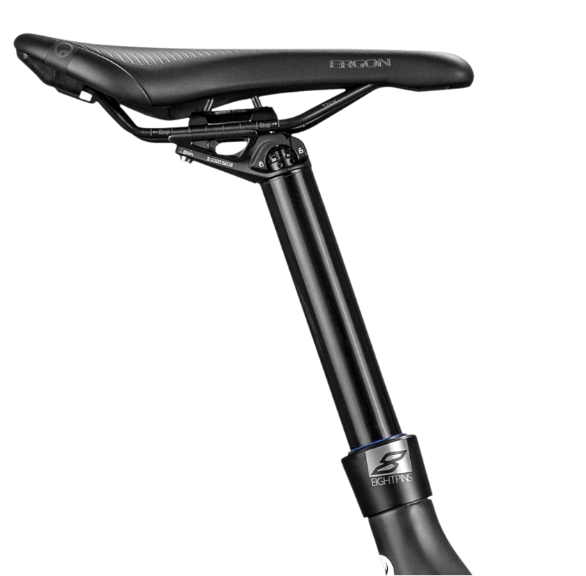 Seitliche Ansicht einer Eightpins NGS2 Teleskopsattlstütze wie sie in Bikes mit EIghtpins Sattelstütze von Ghost Riot, Ghost E-Riot, Ghost Lector, Ghost Path Riot, Bulls Sonic, Rotwild 375, Rotwild 750, Rotwild 735, Rotwild R.EXC, Rotwild R.EX, Thoemus Lightrider, Liteville 303, Liteville 301, Liteville H-3, Liteville 4-One verbaut ist.