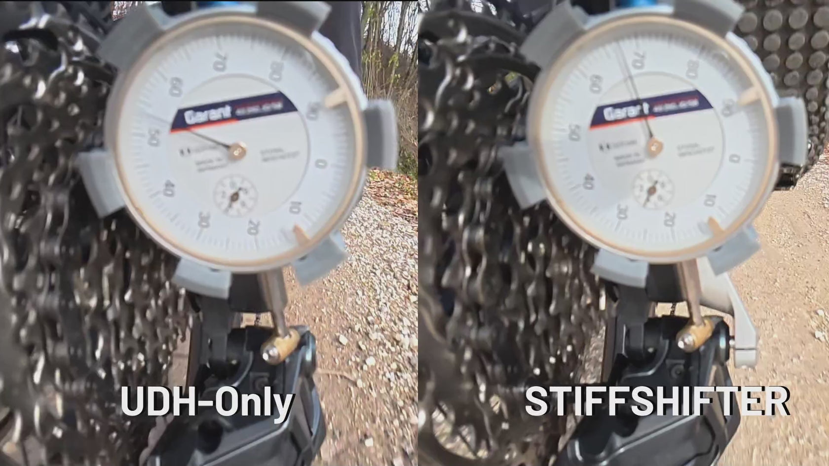 Video zeigt den zwei Schaltwerks Bereiche eines Rotwild REX 900 E-Bike mit dem Eightpins Stiffshifter und einer Messeinrichtung mit Messuhr um das flexen eines UDH Schaltauges zu messen. Links im Bild sieht man die Messung mit Stiffshifter und rechts ohne Stiffshifter. Am Zeigerausschlag erkennt man deutlich, dass der UDH Schaltauge mit Stiffshifter Versteifung deutlich wenige flext.